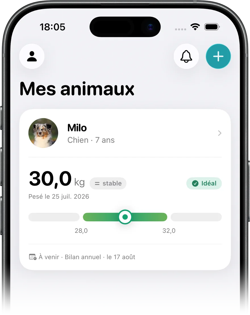 Écran d’accueil de Companea : Milo, 30,0 kg, dans sa zone idéale