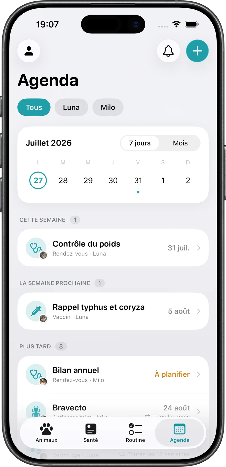 L’agenda des soins dans Companea : contrôle du poids, rappel de vaccin, antiparasitaire