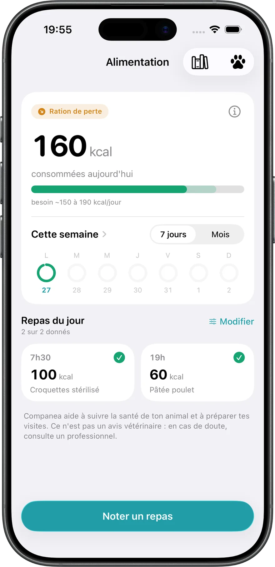 L’alimentation de Luna dans Companea : ration, besoin du jour et repas donnés