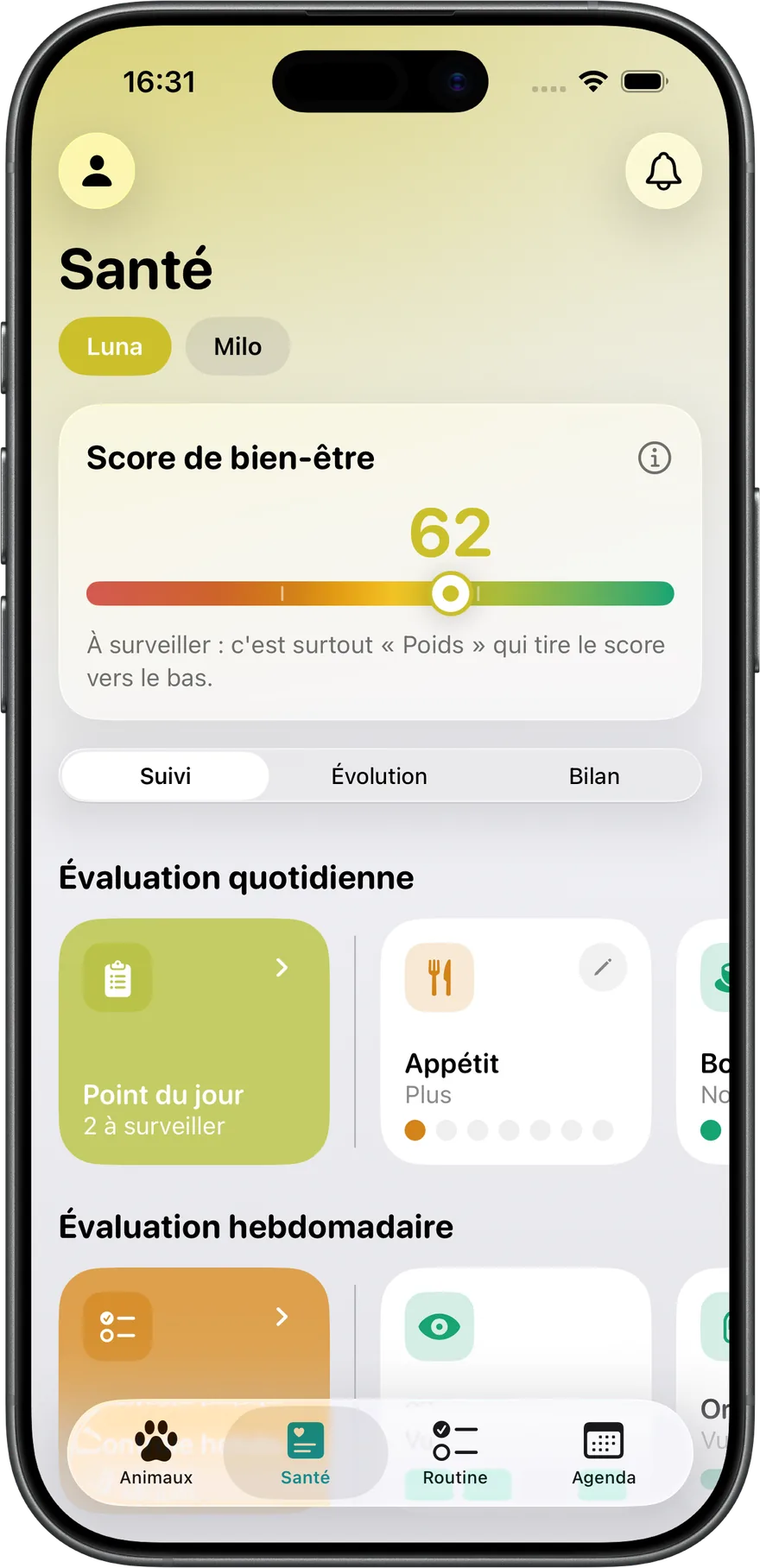 Le score de bien-être dans Companea, avec ce qui le fait baisser et les évaluations du jour et de la semaine